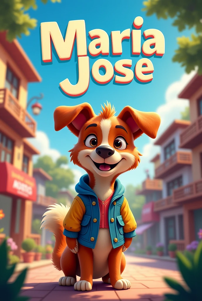 Create a flipbook cover Add Maria Jose&#39;s name to the cover (Write the name in Spanish and with accents) at the top center of title. 
adding a pet that is animated with clothes but is not fictional and is colorful.