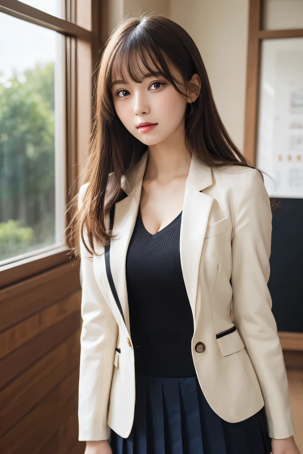 masutepiece, Best Quality, Illustration, Ultra-detailed, finely detail, hight resolution, 8K Wallpaper, Perfect dynamic composition, Beautiful detailed eyes, Natural Lip,Blazer ,School uniform, cleavage, Full body, 大きな胸,