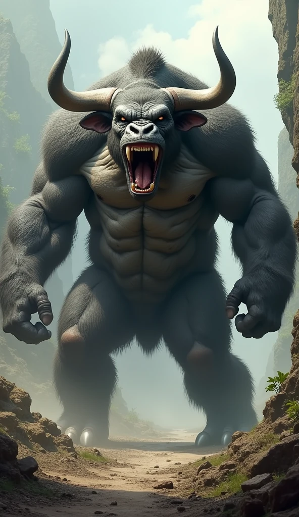Bull and kong hybrid production result, body shape kong,roaring and big teeth, body muscle 
