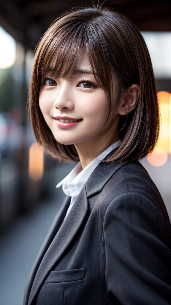 Tabletop, Highest quality, Realistic, Very detailed, finely, High resolution, 8k wallpaper, Cinema Lighting、1 person、Beautiful Japanese Women、30 years old、light brown straight bob hair, Wear a business suit, (Blurred Background、Station platform、noon、Light of the sun)、Sharp focus, Perfect dynamic composition, Narrow eyes:1.5, finelyて美しい目, Thin Hair, Detailed and Realistic skin texture, (Smile:1.3), (Tilt your head), Close-up portrait, Model body type