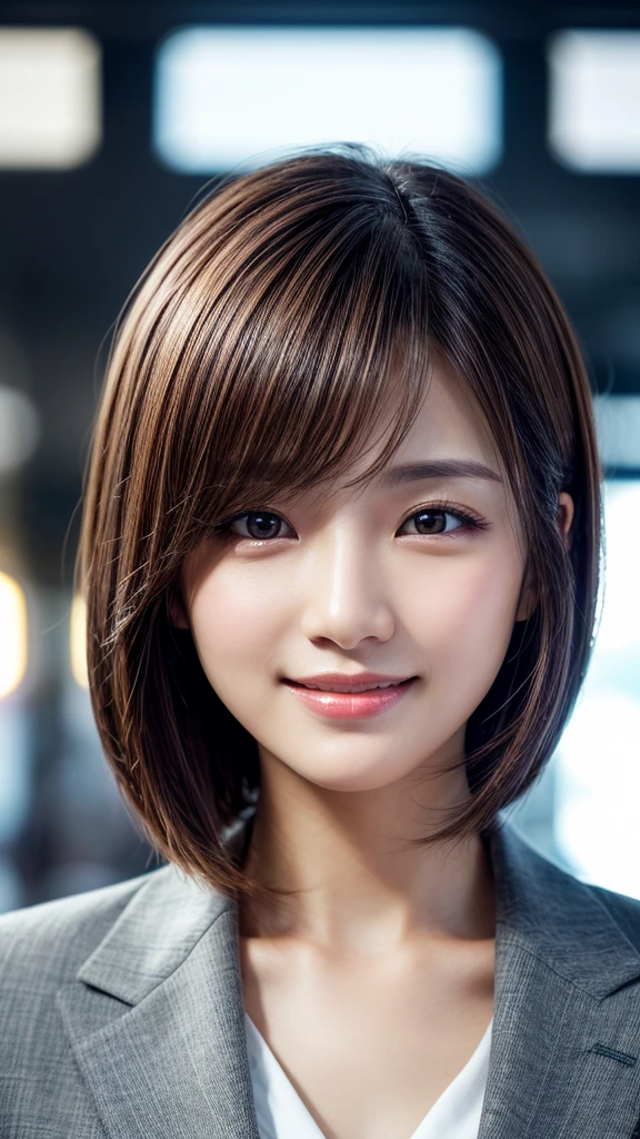 Tabletop, Highest quality, Realistic, Very detailed, finely, High resolution, 8k wallpaper, Cinema Lighting、1 person、Beautiful Japanese Women、30 years old、light brown straight bob hair, Wear a business suit, (Blurred Background、Station platform、noon、Light of the sun)、Sharp focus, Perfect dynamic composition, Narrow eyes:1.5, finelyて美しい目, Thin Hair, Detailed and Realistic skin texture, (Smile:1.3), (Tilt your head), Close-up portrait, Model body type