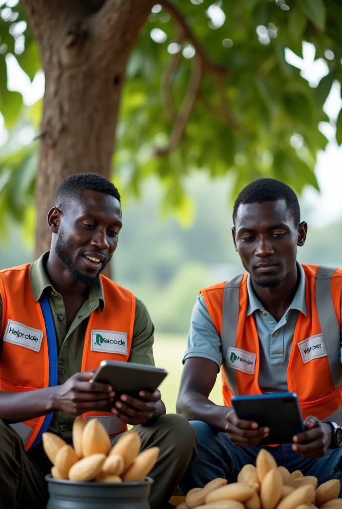 Two humanitarian aid workers "Men""Data collectors wore vests and badges with Tablets of him sitting under the tree eating dried cassava" The vests they wore had the name of their organization stamped on them "HELPCODE"