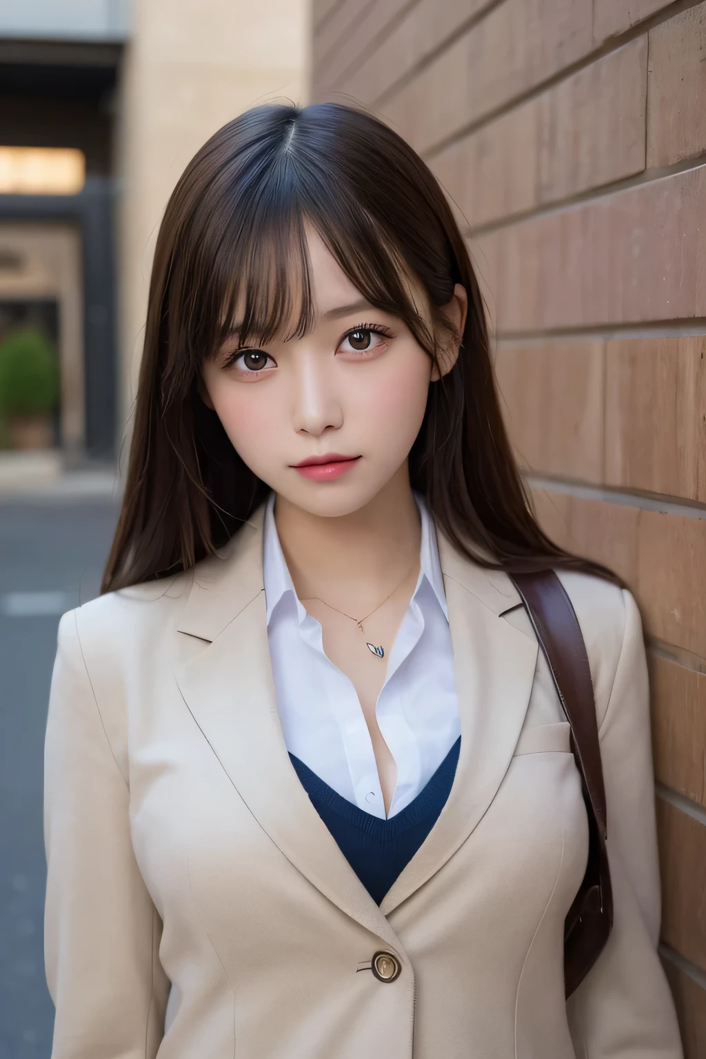 masutepiece, Best Quality, Illustration, Ultra-detailed, finely detail, hight resolution, 8K Wallpaper, Perfect dynamic composition, Beautiful detailed eyes,  Natural Lip,Blazer ,School uniform, cleavage, Full body, , 