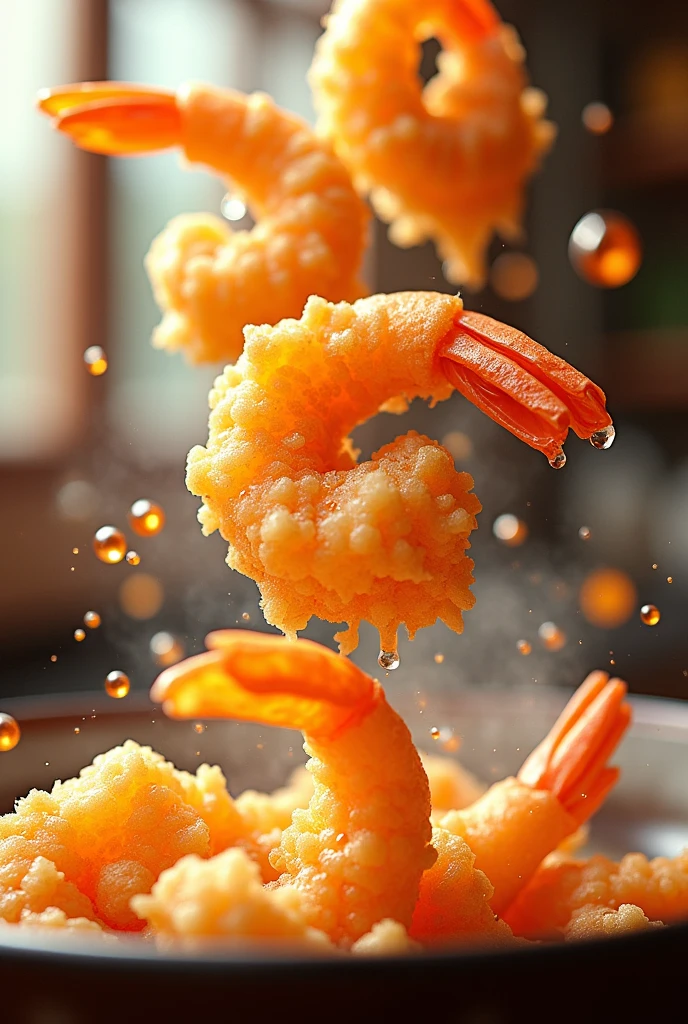 Japanese tempura,Dynamic effect of shrimp tempura falling,Vibrant and bright colors