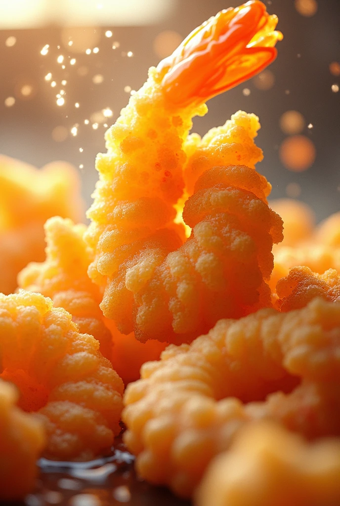 Japanese tempura，Dynamic effect of shrimp tempura falling，Vibrant and bright colors