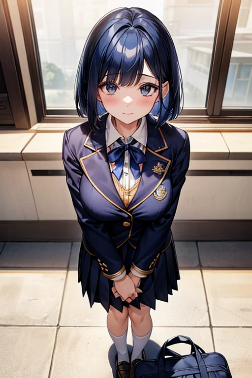 High-quality, ultra-realistic portraits、1 person、high school student、Japanese school uniform、Are standing、smile、looking at the camera、Detailed face、Smooth Skin、((Navy Blue Hair、Front-down bob hair、Confused eyes:1.5、Big Breasts))、Natural Makeup、Outdoor Background、(custom school uniforms、A cleavage-enhancing white blouse with navy blue accents:1.4、Gold Button、Navy blue pleated skirt with white trim、Knee-length、Navy blue ribbon tie、white ankle socks、Black leather loafers、Navy blue blazer with gold school emblem on breast pocket)、Matching navy blue school bag with gold trim