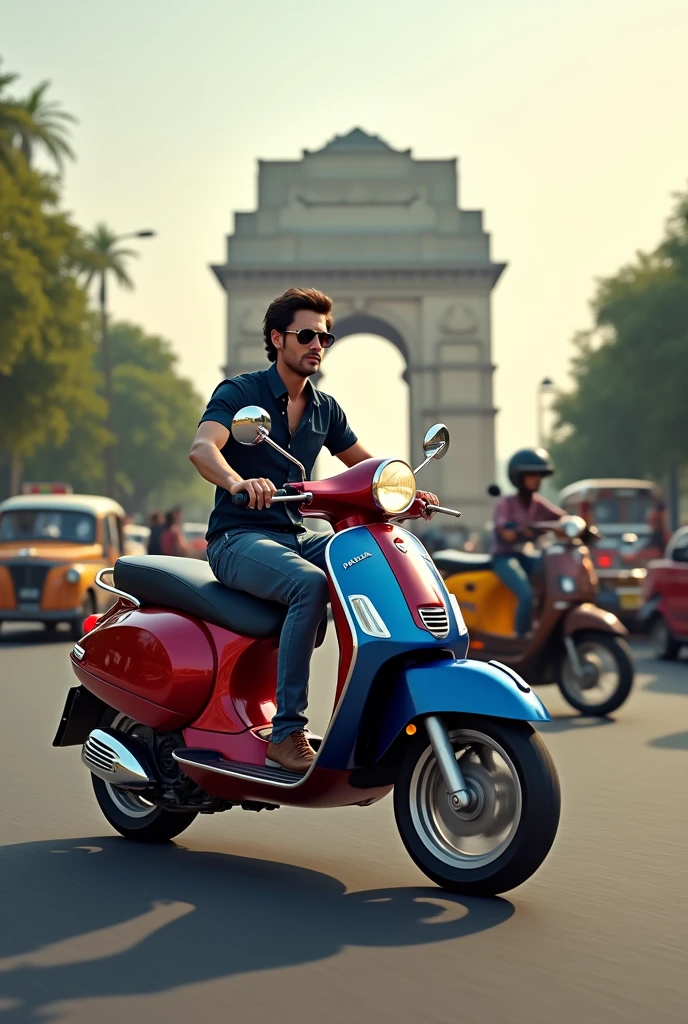 per bike with 550cc engine written platina on it on the roads of new delhi in front of India gate and make it look real and natural 
