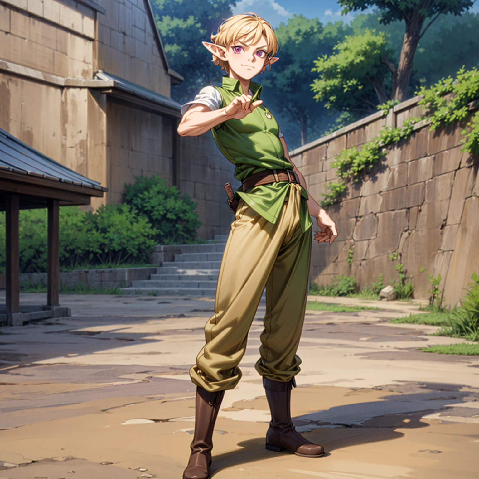 Solo character, full body version, young man, muscle, (elf), purple eyes, blonde color hair, Curly haircut, soldier clothing, brown long pants, boots, outdoor, town, detailed background, detailed clothing, detailed hair, muscle, standing gesture, (food wars style art, one piece style art), happy eyes, Sword in hand 