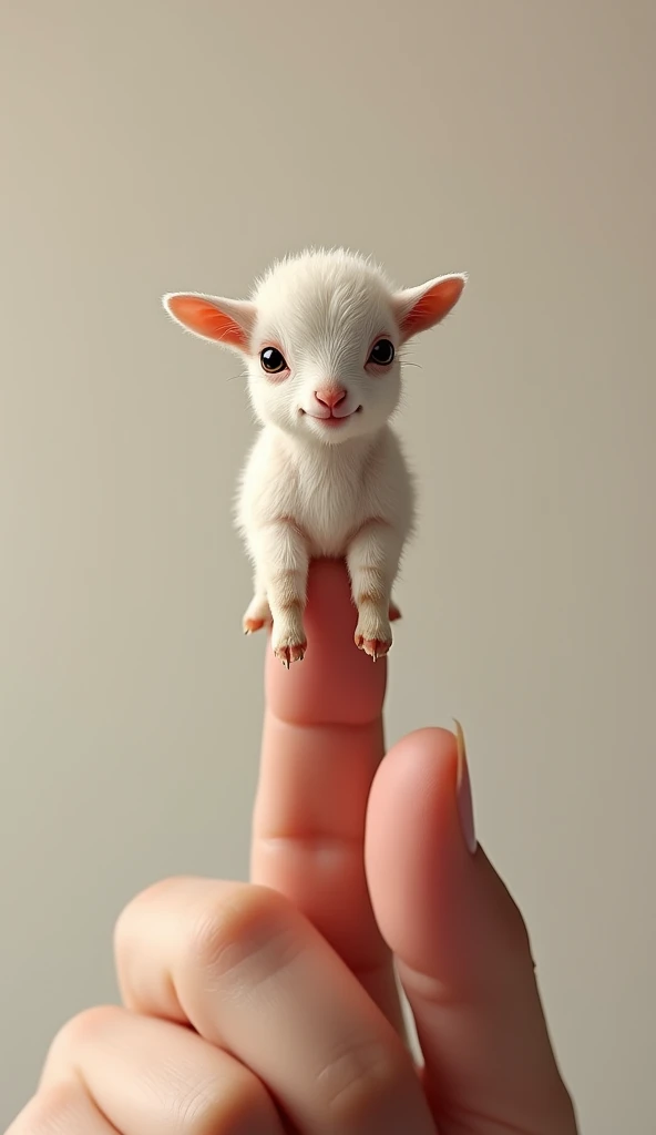 photorealistic, 34k, a tiny baby goat perched on a human finger