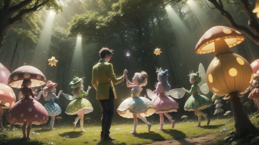 A whimsical scene of a dance party featuring tiny, fairy-like beings. The small creatures are dressed in colorful, elaborate outfits, dancing joyfully in a magical forest clearing. They are surrounded by glowing mushrooms, twinkling lights, and delicate flowers. The atmosphere is lively and enchanting, with a sense of motion and celebration