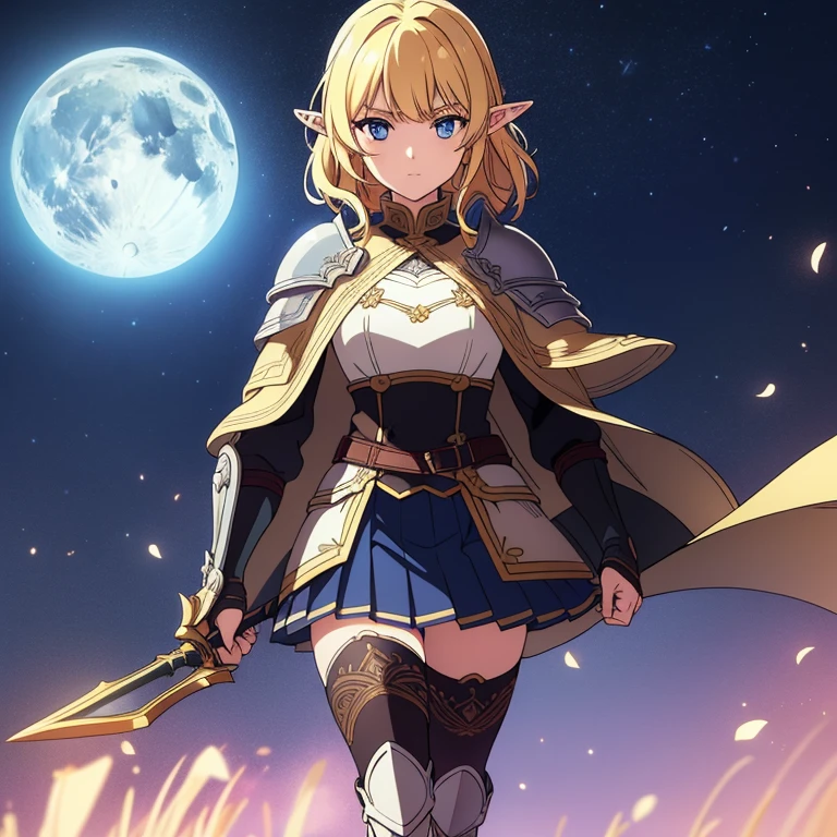 Masterpiece, best quality, high quality, 1girl, Solo, wears armor, has blue_eyes, has Blonde Short haír, wears boots with ed cape, full_body, hair_ornament, wears pleated_skirt, has pointy_ears, intricate detail, happy, cinematic lighting, amazing quality, amazing shading, detailed Illustration, wallpaper, extremely detailed eyes and face, beautiful detailed eyes, walking, in the field, Night, Moon and stars in the sky