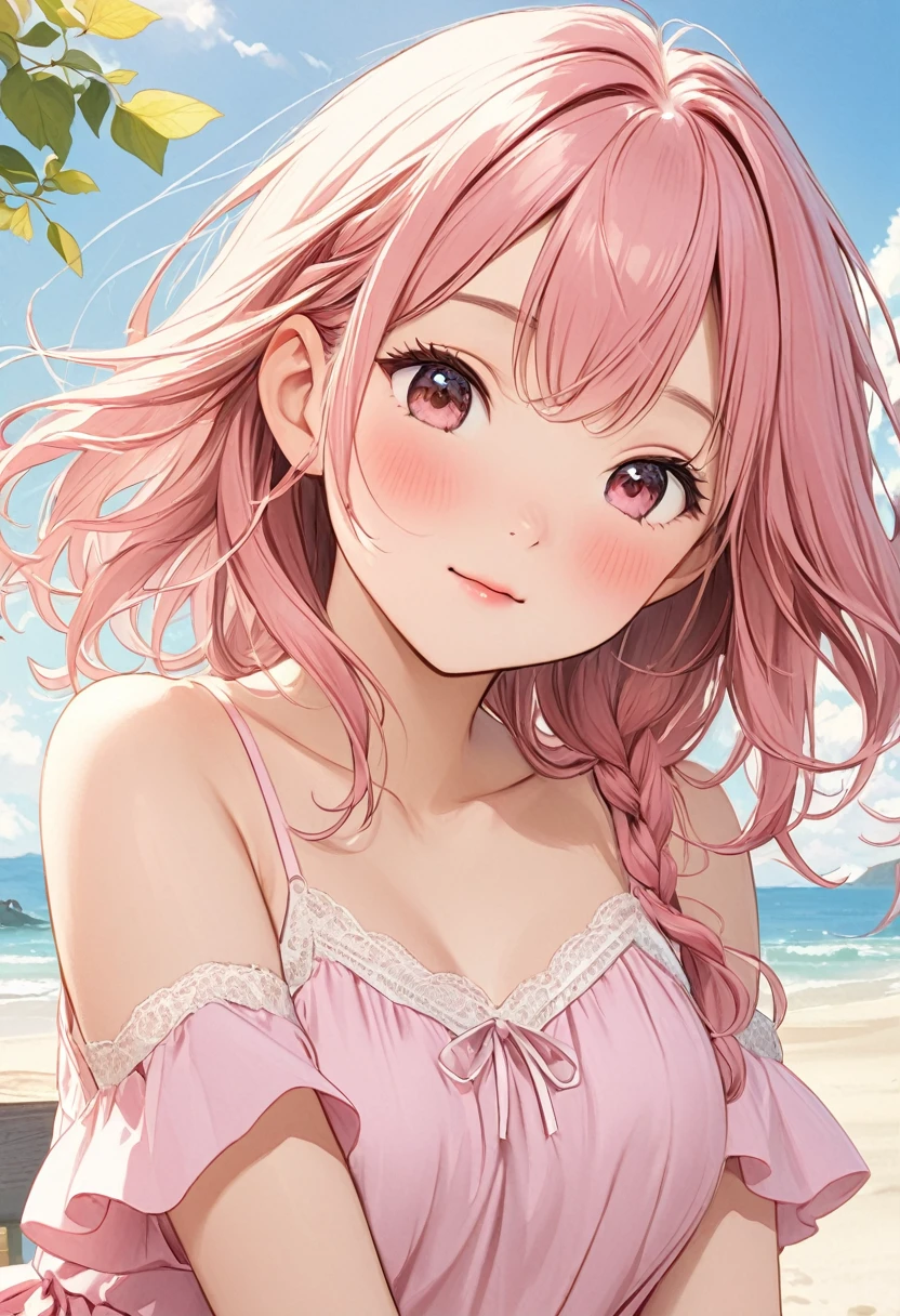 ((masterpiece))、(((Highest quality)))、((Super detailed))、((An illustration))、Attention to detail、Highly detailed CG unity 8k、High resolution、美しいAttention to detail目、Attention to detail、美しいAttention to detail目, (Hair Ribbon:0.4), Pink Eyes,(((whiteいお団子ヘアー))),(((whiteいお団子ヘアー))),(((Pink long hair))),Small breasts、Short camisole、Crop shirt、Off the shoulder、white、art、anime、An illustration