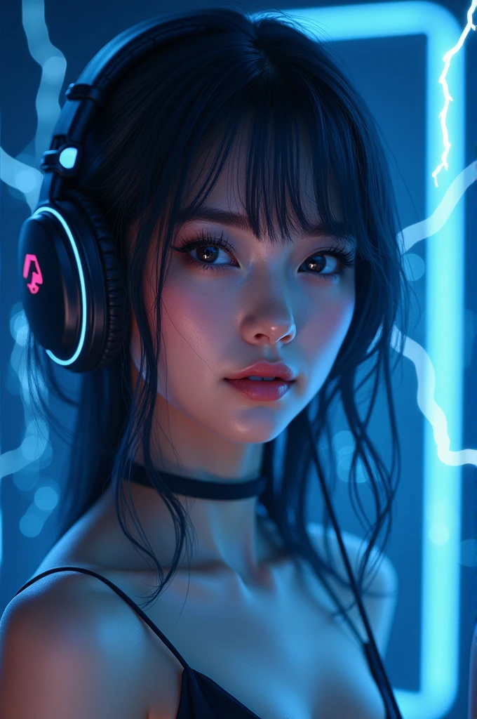 (highly detailed) streamer girl, pretty streamer girl, beautiful, masterpiece, cool lightning background,8k, ultra HD, with gaming PC, gaming girl,