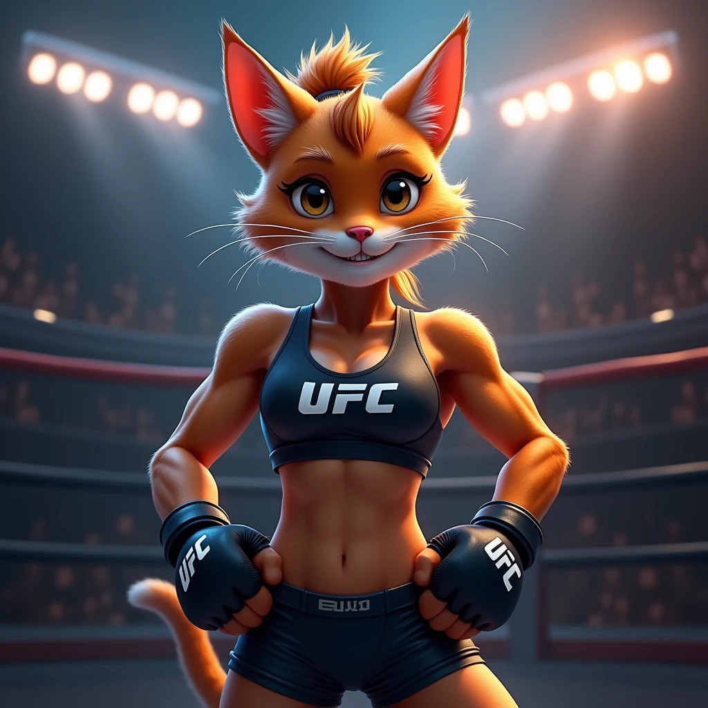 three-quarter portrait, front view, looking at viewer, a cat, furry, anthro, Slim physique, cat tail, high ponytail hair, smile, happy, in a high neck sports bra, in tight shorts, wearing UFC gloves, Standing in the UFC ring,
best quality, detailed, detailed background, detailed foreground, depth of field, ambient silhouette, backlighting, text "БОКС"