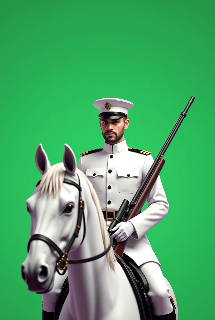  white dress  male Soldier seated without cap on white horse with  handed Sniper gun with plain green screen, full viewed 