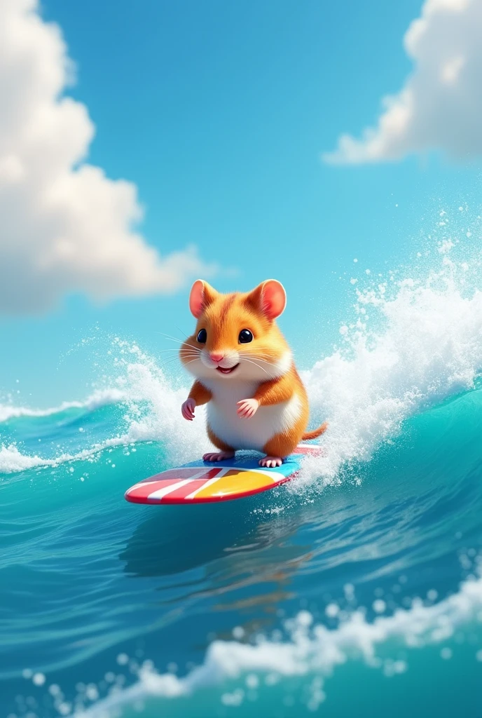 A hamster surfing through ocean on a sunny day 