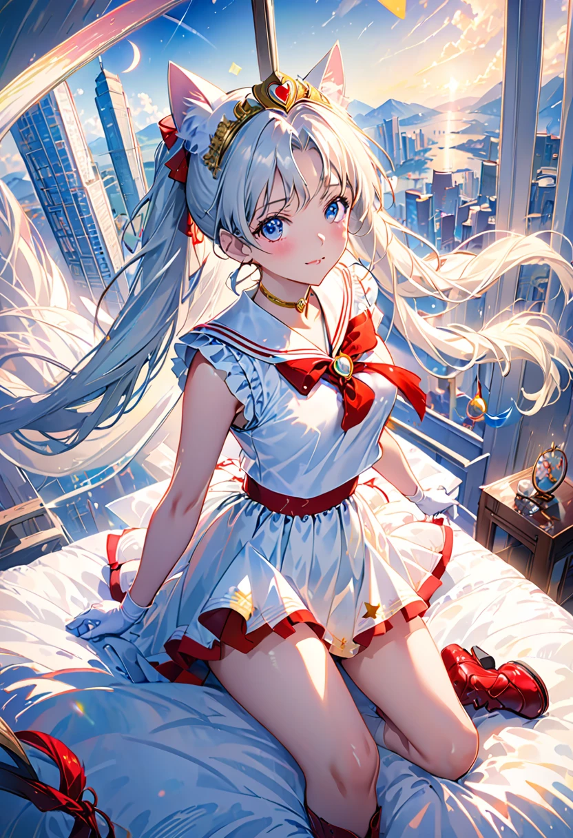 (Panorama, center, masterpiece, Highest quality: 1.2), (8k、RAW Photos、Highest quality、look up:1.2、masterpiece:1.2、Genuineistic、Ultra-high resolution、High Contrast、Photon Mapping、Genuine、Very detailed、Official Art, RAW Photos、professional Lighting、 Light、Vivid atmosphere、twiceLight) , (1 girl), （One white kitten） 世界のcenterで一人の少女が片手の逆立ちをしている。There is a white cat next to.。Stand upside down and support the ground。city、Supporting skyscrapers。Stars in the sky々And the rainbow is shining。An atmosphere that exudes the excitement of adventure。A happy and fun atmosphere。High Fantasy Worldview,　A magnificent composition and beautiful depiction of proportions, Guardian nebula of rainbow Light and silvery vapor, Corrosion Surrounding Ray Family Color, Slimy air,masterpiece, top quality, (1 person), (Super Sailor Moon), (detailed face), face focus, white wall, (on bed), bright room, embarrassed expression, white gloves, detailed eyes, detailed face, love hotel room, colorful clothes, sailor warrior uniform, colorful skirt, hair accessory, red ribbon, brooch, heart brooch, earrings, crescent moon, heart choker, heart, mini skirt, very long hair, ribbon on back, crescent moon earrings, tiara, yellow choker, boots, knee boots, red footwear, top quality, high resolution, (detailed and beautiful eyes: 1.3), highly detailed face, meticulous CG, (perfect hands, perfect anatomy), (flipped skirt 1.3), (detailed panties 1.3), bed, (white panties: 1.3), (fully visible panties: 1.3), (spread legs: 1.3), Sailor Moon R, Super Sailor Moon,