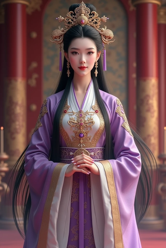 (ultra-detailed, photorealistic, best quality, 4k, 8k, highres, masterpiece:1.3), Empress Xifeng, also known as The Eternal Flame, , She is depicted as an ethereal beauty, flawless porcelain skin, long flowin black hair, eyes are a mesmerizing shade of amethyst, reflecting both wisdom and mystery, wearing a Top: An exquisite gown made from the finest silks, adorned with intricate embroidery and precious jewels in shades of gold, red, and purple, Accessories: An elaborate headdress featuring phoenix motifs and precious stones, Background: Elements of the imperial palace with grand pillars, opulent tapestries, and a majestic throne, The atmosphere is serene and majestic, emphasizing her divine beauty and wisdom, (((intricate detail, super finely detailed hands, ultra finely detailed fingers, ten fingers, standing regally, full body showcase, show full body))).