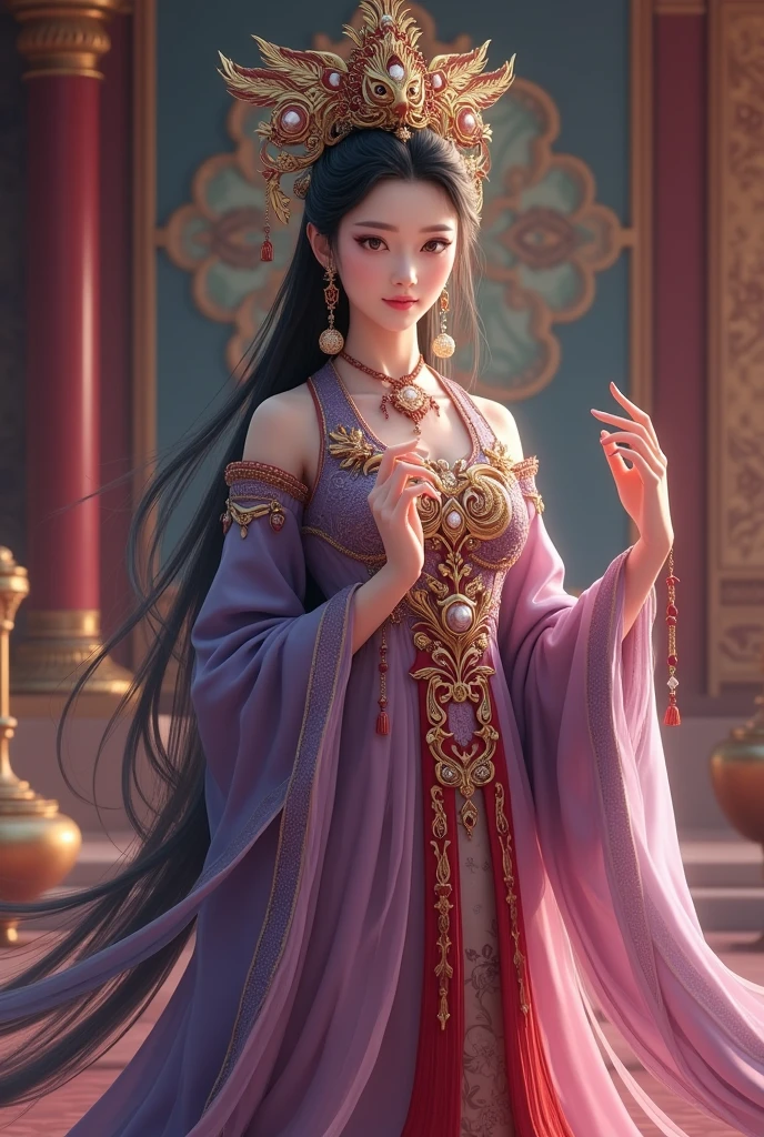 (ultra-detailed, photorealistic, best quality, 4k, 8k, highres, masterpiece:1.3), Empress Xifeng, also known as The Eternal Flame, , She is depicted as an ethereal beauty, flawless porcelain skin, long flowin black hair, eyes are a mesmerizing shade of amethyst, reflecting both wisdom and mystery, wearing a Top: An exquisite gown made from the finest silks, adorned with intricate embroidery and precious jewels in shades of gold, red, and purple, Accessories: An elaborate headdress featuring phoenix motifs and precious stones, Background: Elements of the imperial palace with grand pillars, opulent tapestries, and a majestic throne, The atmosphere is serene and majestic, emphasizing her divine beauty and wisdom, (((intricate detail, super finely detailed hands, ultra finely detailed fingers, ten fingers, standing regally, full body showcase, show full body))).