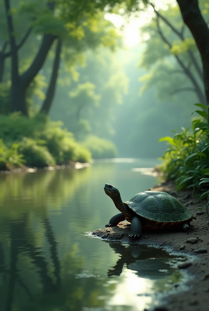 In 3d animation style "The Beautiful Riverbank ◦ A serene river flowing through a dense forest. The riverbank is green and lush, with trees and bushes surrounding it. A small, slow-moving kachhua (tortoise) is seen near the water's edge, looking peaceful and content."