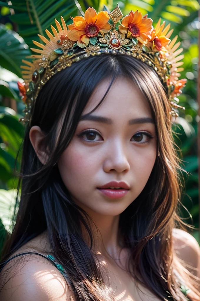 detailed upper bosy portrait of an indonesian naked girl, beautiful detailed eyes, beautiful detailed lips, extremely detailed face, long eyelashes, hanging big breast, tropical floral crown, warm saturated colors, cinematic lighting, highly detailed, intricate details, digital art, 8k, photorealistic, masterpiece