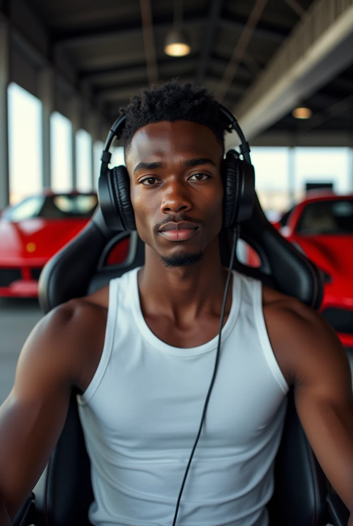 Young black man with gamer headset sitting in a gaming chair, with luxury cars with 2 Ferraris behind looking at the camera, front view of a young man; Imagine a boy of about 23 years old, realistic, he is black, wearing a white tank top, short straight hair. He is looking straight ahead, close to the camera lens.