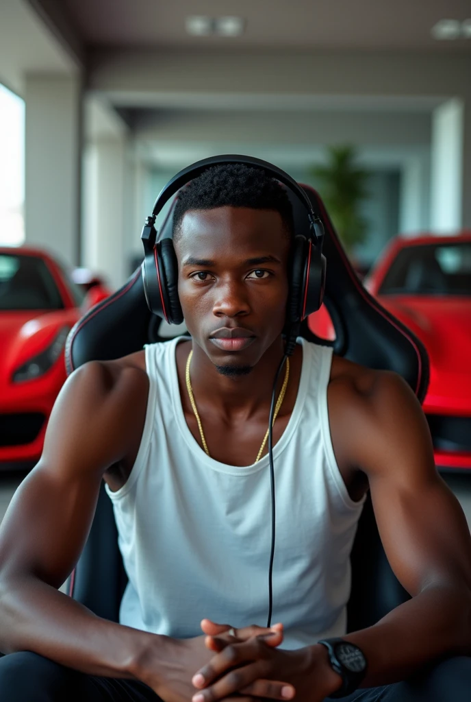 Young black man with gamer headset sitting in a gaming chair, with luxury cars with 2 Ferraris behind looking at the camera, front view of a young man; Imagine a boy of about 23 years old, realistic, he is black, wearing a white tank top, short straight hair. He is looking straight ahead, close to the camera lens.