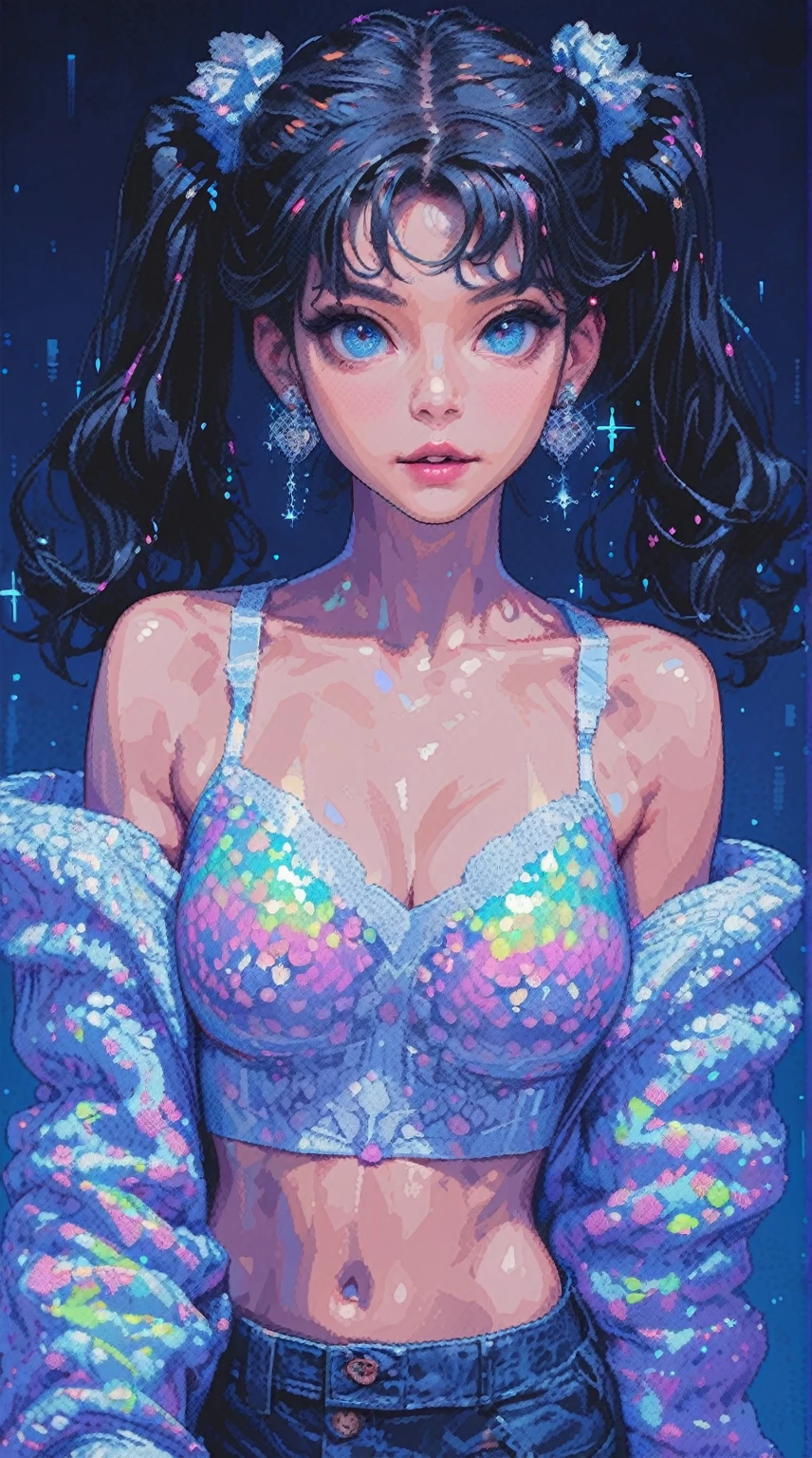 (pixel art,illustration by hajime sorayama,perfect body,hyperfeminine curves),(best quality,4k,8k,highres,masterpiece:1.2),ultra-detailed,(realistic,photorealistic,photo-realistic:1.37),HDR,UHD,studio lighting,ultra-fine painting,sharp focus,physically-based rendering,extreme detail description,professional,vivid colors,bokeh,portraits,illustration,retro,sketch,neon colors,digital art,metallic effect,shiny surfaces,colorful background,dynamic pose,hourglass figure,smooth skin,reflections,glowing eyes,glittering accents,modern technology,cyberpunk aesthetic,purple and blue color palette,soft shadows,artificial intelligence,exquisite details