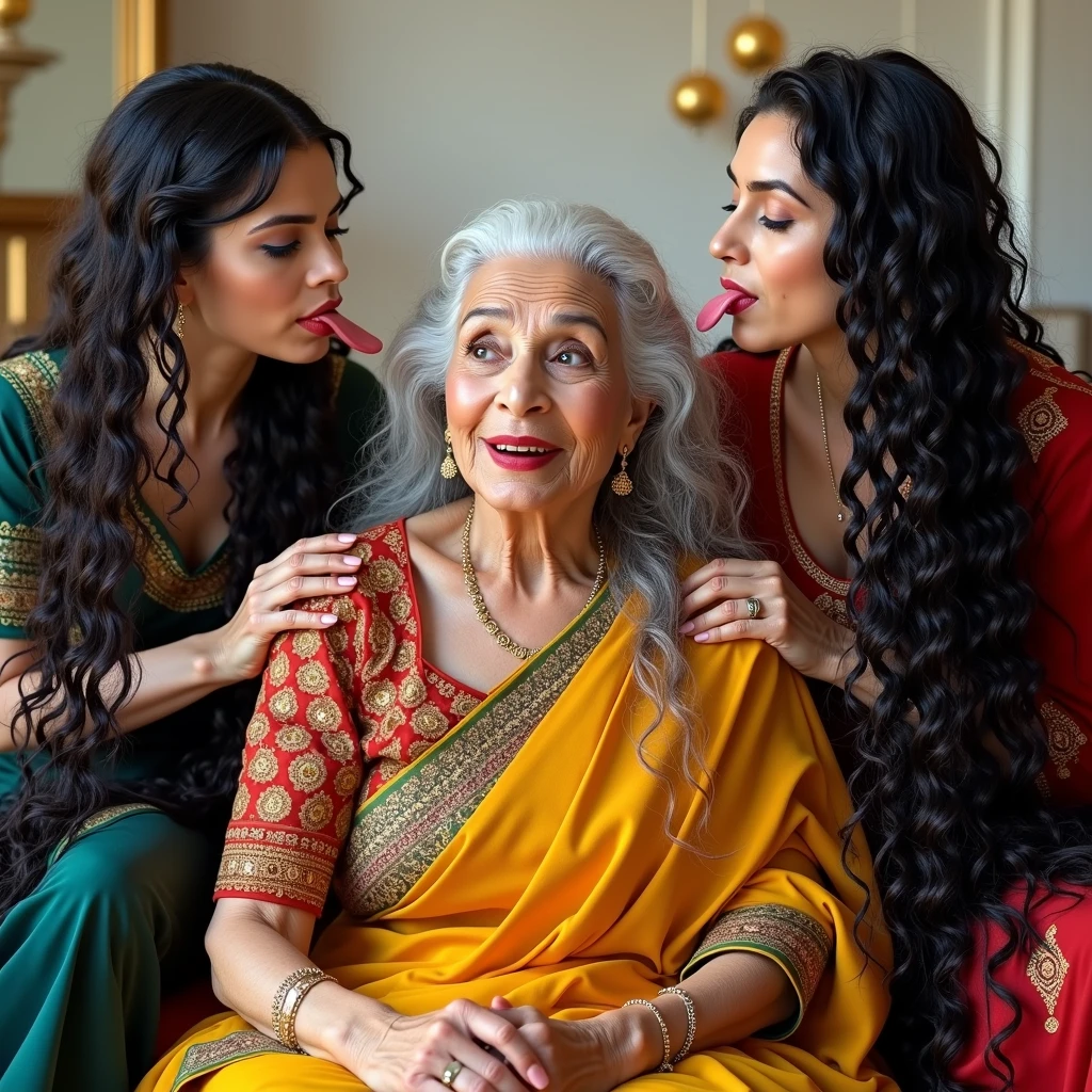 in luxerius office items sorrounded bright lighted modern indian home,two 65 years old eldery indian grandmother and her two granddaughters,total 3 ladies involving and licking their hairs of each others wildly,First 65 years old eldery lady sitting on the cauch to the viewer' side & her two grand-daughters crowling in to seated grandmother reaching by sides licking grandmother' head scalp,these three ladies are with dress in as per image prompt,all three of them,with their hairs respectively black color for the grand-daughters and while and brown color for the eldery grandmother' hairs in as per image prompt,their long,oil immersed 3c curly coiled hairs spills on the floor to the viewer's,red lipsstick,natural tongues pulled out,licking the seated grandmother' white-brown oil immersed 3c curly like she is being raped by her grand-daughters excat in prompt,These all three ladies' faces are with showing full of sexual wildness showing out from their faces exact as in image prompt,Their eyes are fullfill with sexual atracted wildness with raping 3c curly rapunzel as per the image prompt,(Show me their tongues,long tongues:natural tounge licking pose:1.2) styled with 100000 liters hair oil,hairs like viscus oiled pulp,slick combed hair lines highly visible,{{{{Ladies wears perfect dresses in perfect busty}}}},{{{{{NSFW}}}}},{{{{{{Hairs highly soaked}}}}}},{{{Hairs Drenched in water}}}}},{{{slick combed hair lines}}}},{{{{Hairlines reflecting shinning like mirrors with water}},{{{{{Showcase full bodies perfect figures}}}}},{{{{{High resolution perfect color grading}}}}}},{{{Perfect immersed in oil ec curly rapunzel hairs on all three ladies exactly in image prompt}}}}}}},((((((((Generate ethnicity as indian aged eldery and younger sexy build ladies))))))))),((((((Generate wildness poses where shows the elderity and maturity of the sexually wildness and extremly extremly wildness in to hair licking by their tongues exatly as image prompt))))