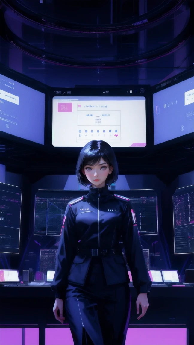 Create an image of a sophisticated female executive in a high-tech command center. She is Asian, with sleek black hair styled in a modern cut, wearing a sharp business suit. The background features a large central server and multiple screens showing data flowing towards a central node, symbolized by glowing connections. The room is lit with a mix of dark shadows and bright screens, emphasizing a theme of central control in a decentralized space.