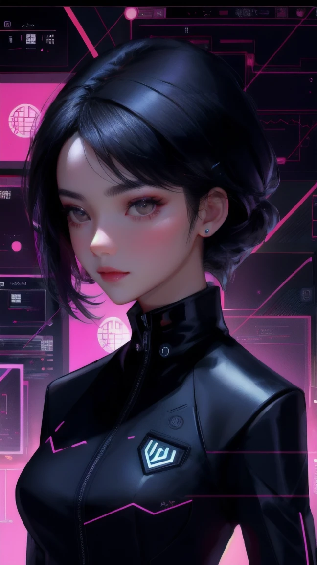 Create an image of a sophisticated female executive in a high-tech command center. She is Asian, with sleek black hair styled in a modern cut, wearing a sharp business suit. The background features a large central server and multiple screens showing data flowing towards a central node, symbolized by glowing connections. The room is lit with a mix of dark shadows and bright screens, emphasizing a theme of central control in a decentralized space.