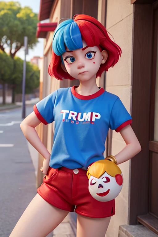 18age、female、Clown style、Blank Face、Gold, blue and red hair、Blue and red clothes、Shorts、Trump mark on cheek、不良female、funny Face、