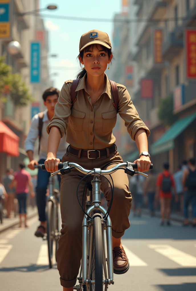 Post office working girl brown uniform with letter in cycle travel in busy street and boy age 28 with colour dress