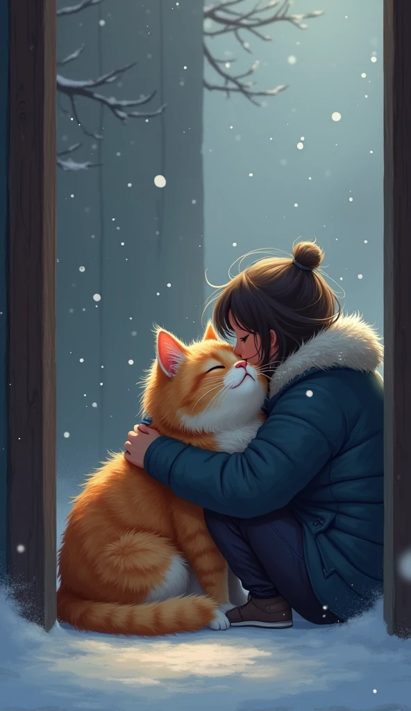 In a cold room, a cat snuggles close to its owner, trying to guide them to a warmer spot. The owner looks chilly, while the cat, with its fluffy fur, gazes up as if saying, “Let’s get cozy in a warm place together.” The scene conveys the cat’s effort to comfort and warm the cold room.