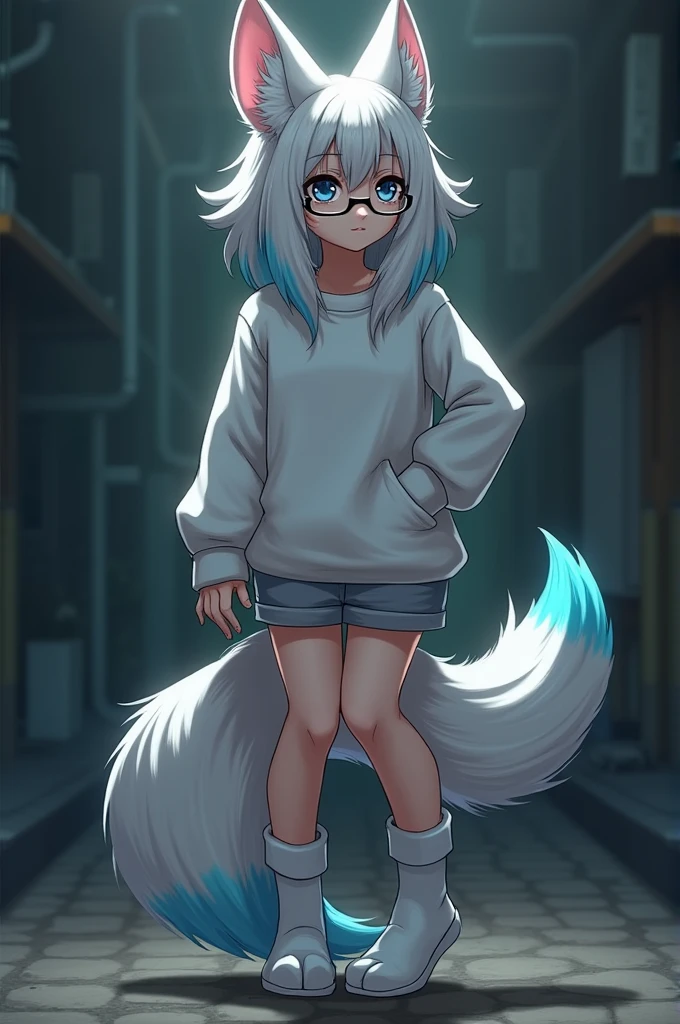 Furry, dog, dark colors, girl, straight hair to shoulder blades, wears glasses, blue eyes and hair tips, full height, reference, sweatshirt