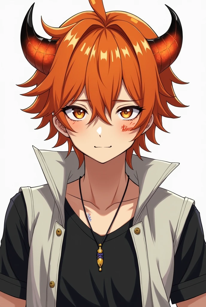 Yellow eyed anime boy, parts, a burn scar on his left eye and another on the lower part of his cheek,  orange hair that's a bit droopy, small, somewhat wide, dark orange-red horns with black tips, black polo, a white vest with the sleeves rolled up,