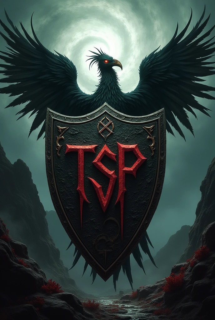Shield that says TSP and has a rock and horror style Phoenix in the background