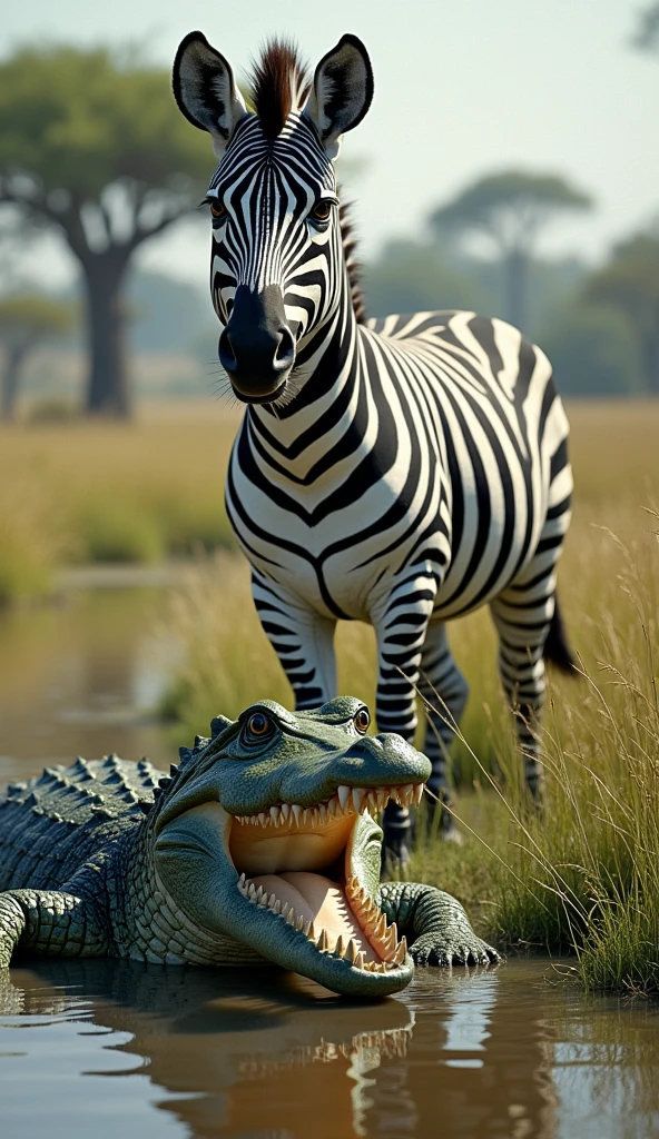 Zebra and crocodile in one frame