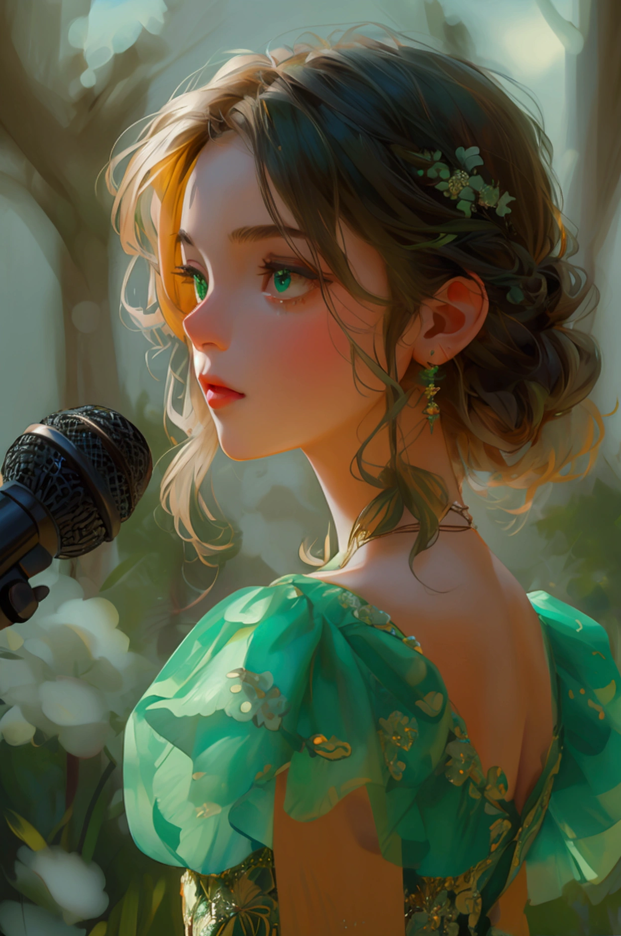 Full image of a cute girl, speaking in a mike, wearing green beautiful full body dress, outdoor,