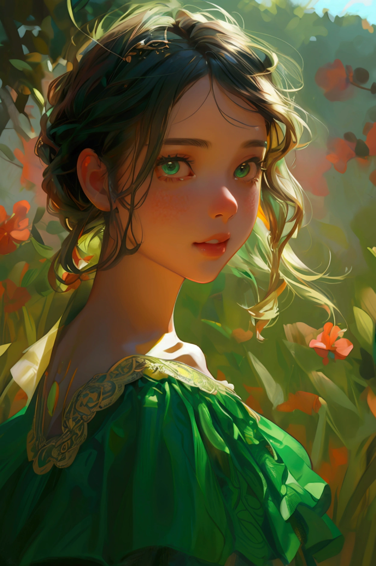 Full image of a cute girl, speaking in a mike, wearing green beautiful full body dress, outdoor, 