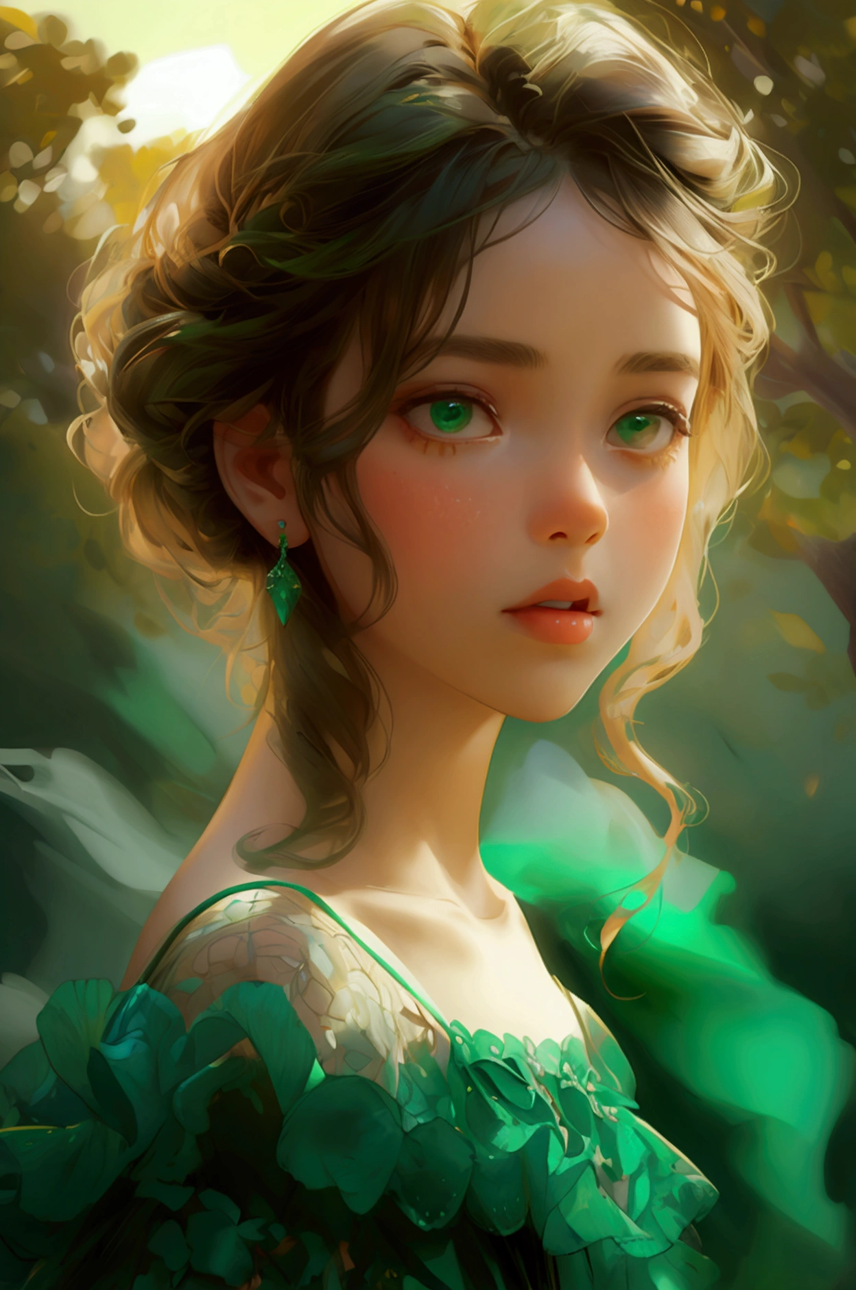 Full image of a cute girl, speaking in a mike, wearing green beautiful full body dress, outdoor, 