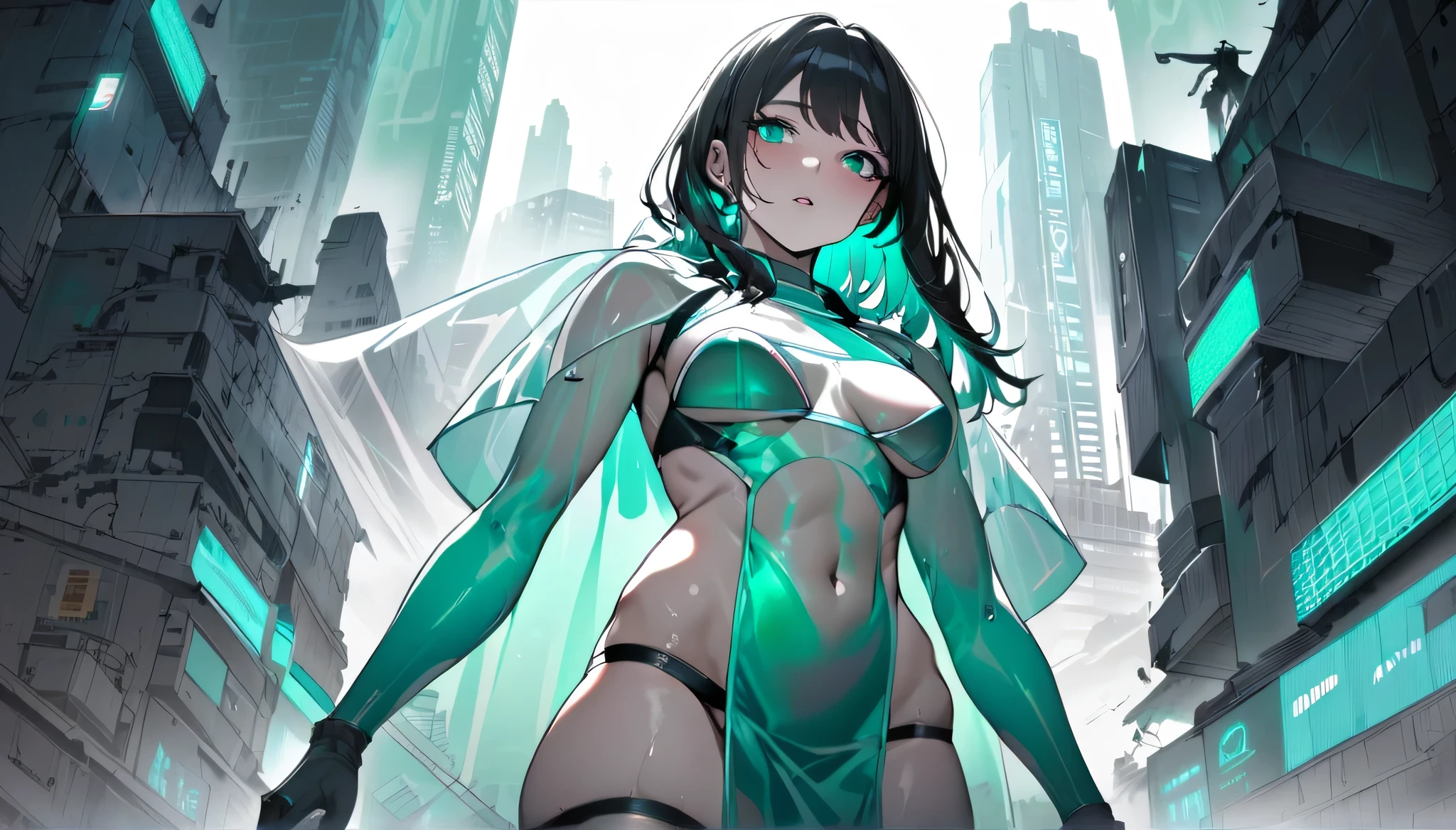 Monochrome Tiffany Blue, Highest quality, very detailed, delicate and dynamic, Three-dimensional effect expressed through light and shadow, Cyberpunk cityscape, Eye-catching effect, modern art, Low-Angle, cinematic angles, looking at the viewer with a love struck expression. Pretty woman in her 20s, young adult, mature girl, detailed face, detailed eyes, pouty lips, full lips, detailed sweaty skin, thick thighs, lean but fit, tall, emerald green eyes, lower back length long black hair with emerald green inner hair. Part of the clothing is translucent, translucent parts has a slight illumination, bikini armour, bikini_armour, skimpy outfit, thigh highs, boots, transparent pelvic curtains, pelvic_curtain, emerald green skimpy powered exosuit, translucent large raincoat on top, open, standing in a contemplative pose amidst the neon-lit ruins, textured digital art with muted tones and subtle ambient noise, detailed and intricate illustration, dystopian and gritty yet beautiful, a glimmer of hope in the decay, illuminated character, character lighting,