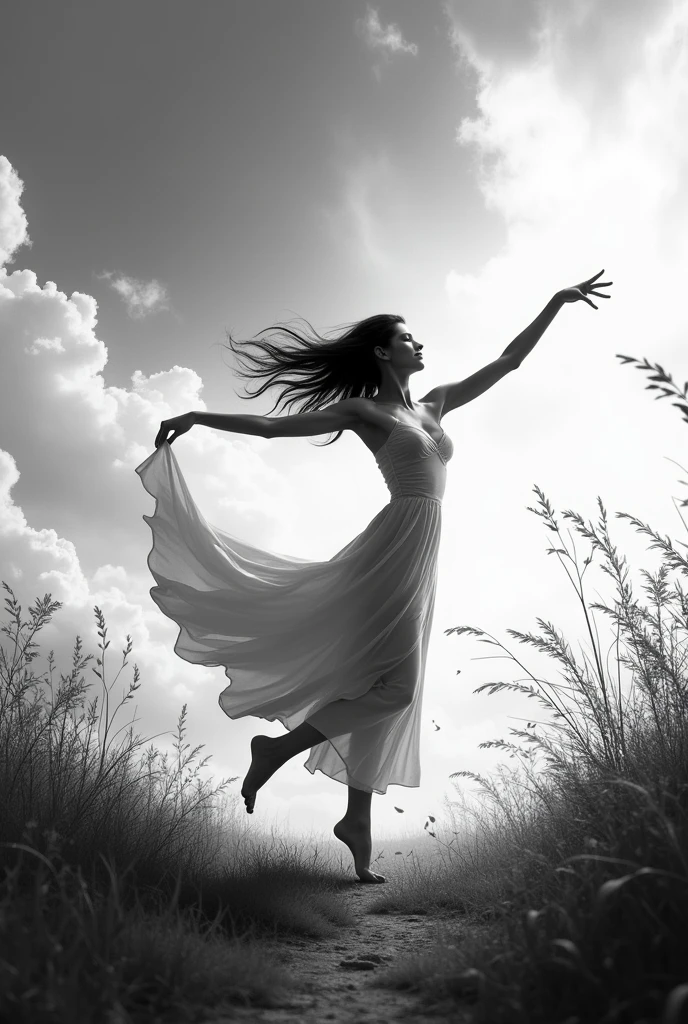 Black and white.. a women dancing, windy season, with sun clouds and senary.