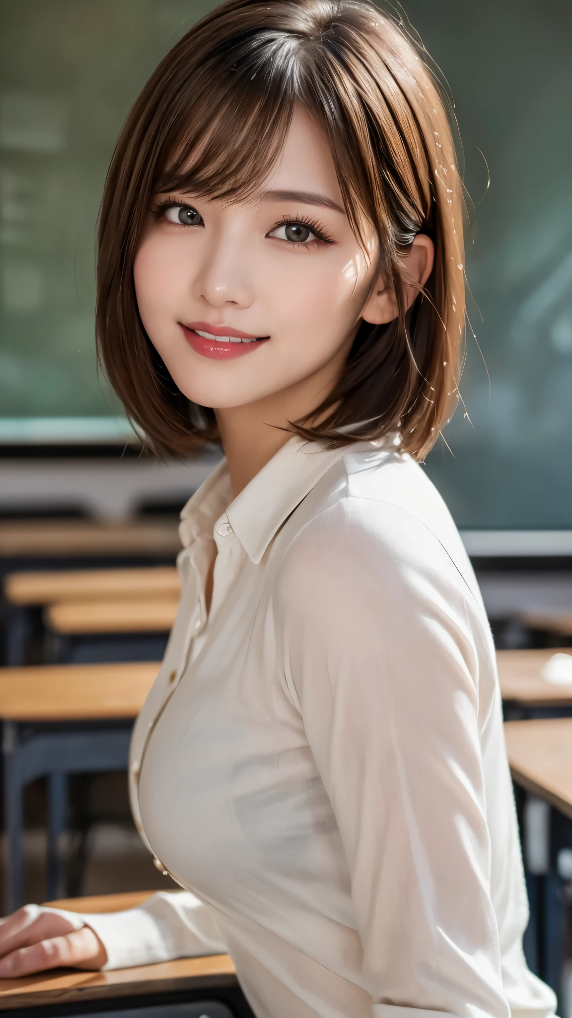 (photorealistic, 32k, RAW photo, best quality: 1.4), (masterpiece:1.3), (absurdres, attractive, ultra high resolution, ultra realistic, highly detailed, golden ratio, ultra detailed, super fucking beautiful detailed face), natural makeup, detailed cloth texture, detailed hair texture, beautiful detailed fullbody, Perfect female body, accurate, Anatomically correct, Highly detailed face and skin texture, (beautiful hands), (realistic skin), (beautiful pale skin:1.1), (large breasts), (thighs), (cowboy shot:1.3), (Perfect dynamic composition, looking at viewer),
BREAK,
realistic eyes, beautiful detailed eyes, symmetric eyes, Light Brown eyes, Double eyelids, Thin eyebrows, (Glossy lips:1.4), ((A face with waiting for a kiss, Seductive smile:1.2)), (weat skin, blush:1.1),
BREAK,
((short hair, bob, Dark blonde hair, bangs:1.2)), Daytime, (Standing in classroom:1.3), (school uniform, long sleeve white shirt:1.3)