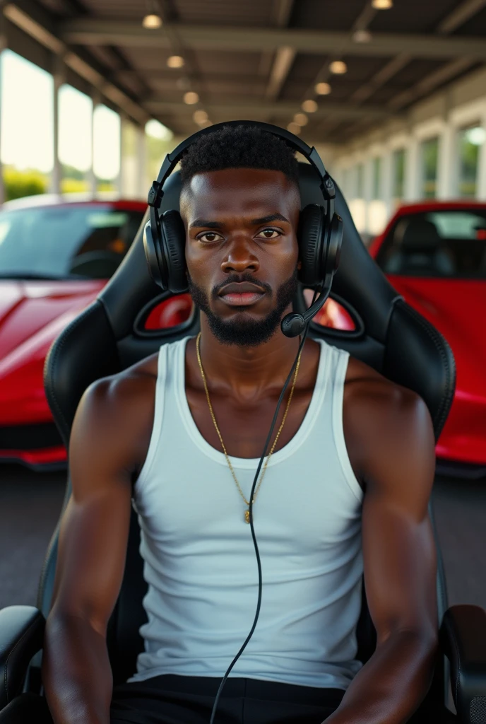 Young black man with gamer headset sitting in a gaming chair, with luxury cars with 2 Ferraris behind looking at the camera, front view of a young man; Imagine a boy of about 23 years old, realistic, he is black, wearing a white tank top, short straight hair. He is looking straight ahead, close to the camera lens.