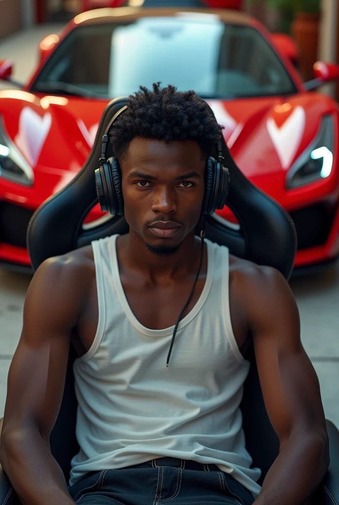 Young black man with gamer headset sitting in a gaming chair, with luxury cars with 2 Ferraris behind looking at the camera, front view of a young man; Imagine a boy of about 23 years old, realistic, he is black, wearing a white tank top, short straight hair. He is looking straight ahead, close to the camera lens.