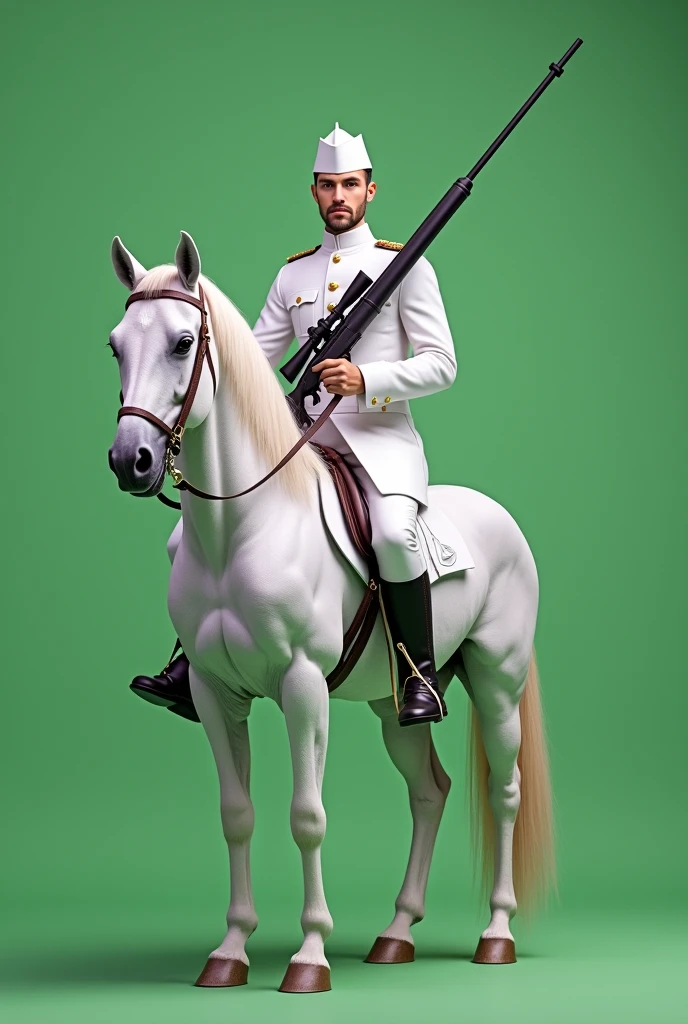 white dress male Soldier seated without cap on white horse with handed Sniper gun with plain green screen, full viewed horse.