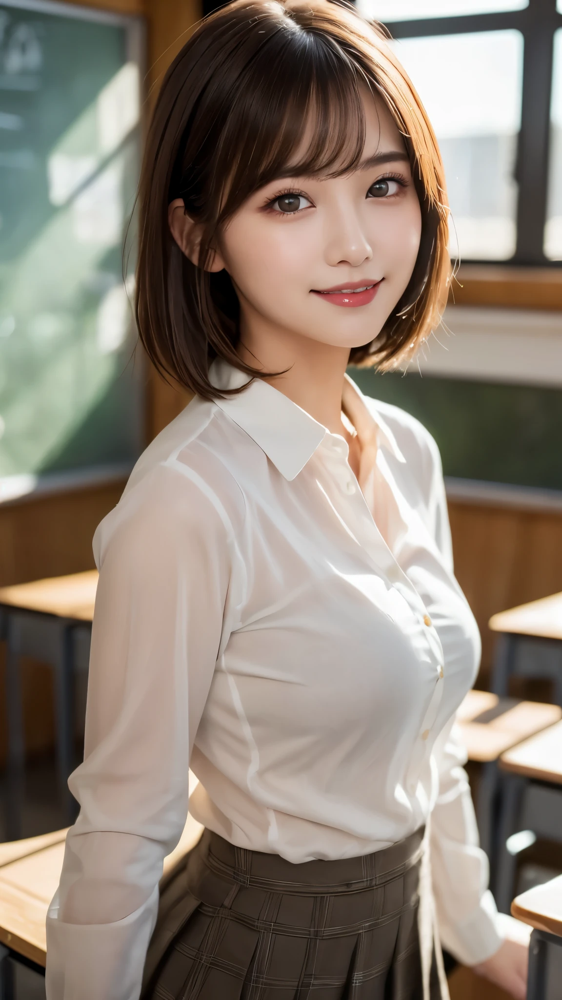 (photorealistic, 32k, RAW photo, best quality: 1.4), (masterpiece:1.3), (absurdres, attractive, ultra high resolution, ultra realistic, highly detailed, golden ratio, ultra detailed, super fucking beautiful detailed face), natural makeup, detailed cloth texture, detailed hair texture, beautiful detailed fullbody, Perfect female body, accurate, Anatomically correct, Highly detailed face and skin texture, (beautiful hands), (realistic skin), (beautiful pale skin:1.1), (large breasts), (thighs), (cowboy shot:1.3), (Perfect dynamic composition, looking at viewer),
BREAK,
realistic eyes, beautiful detailed eyes, symmetric eyes, Light Brown eyes, Double eyelids, Thin eyebrows, (Glossy lips:1.4), ((A face with waiting for a kiss, Seductive smile:1.2)), (weat skin, blush:1.1),
BREAK,
((short hair, bob, Dark blonde hair, bangs:1.2)), Daytime, (Standing in classroom:1.3), (school uniform, long sleeve white shirt:1.3)