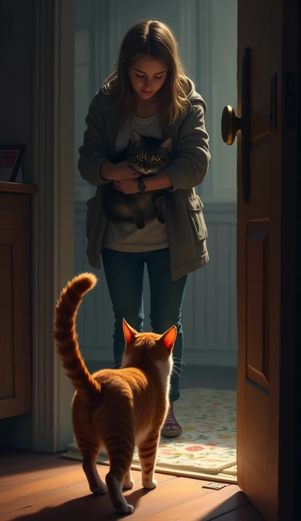 A cat anxiously waits by the door for its owner who is coming home later than usual. The cat paces restlessly at the entrance, and as the door opens, it greets the owner with a relieved expression. The owner returns home tired, realizing the cat had been worriedly waiting. The room is dimly lit, filled with the relief of their reunion.