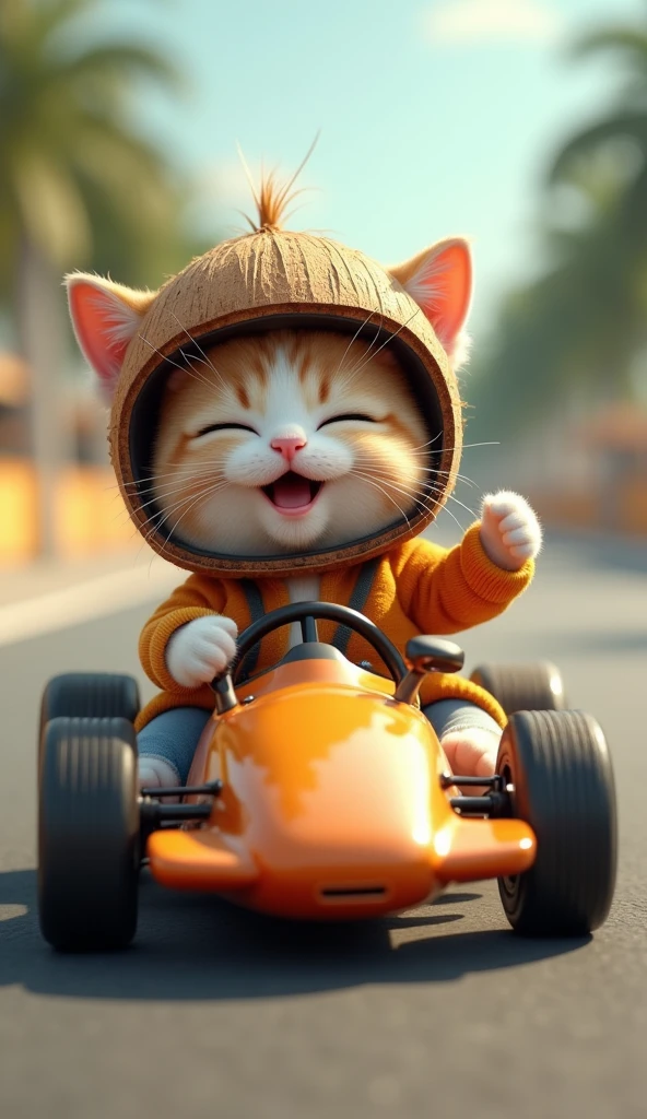 A photorealistic, 64K, image of a cute, fat cat riding a small formula car that is perfectly suited to its size. The cat is dressed in a colorful outfit, enhancing its adorable appearance. On its head, it wears a helmet made from a coconut shell, but both of his ears are hidden in coconut shell, fitting snugly and adding a whimsical touch. The cat's expression is one of pure joy and excitement, capturing the playful and delightful nature of the scene